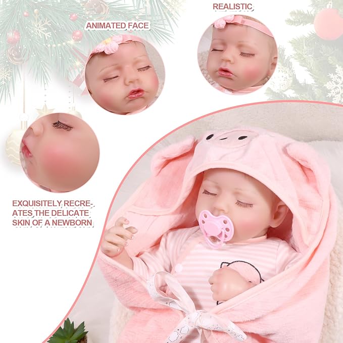 JRLCGYP Lifelike Reborn Girl Baby Sleep Pig Dolls, 18 Inch Realistic Silicone Full Body Newborn Baby Doll, Look Real Girl with Accessories, Weighted Soft Toy Gift for 3+