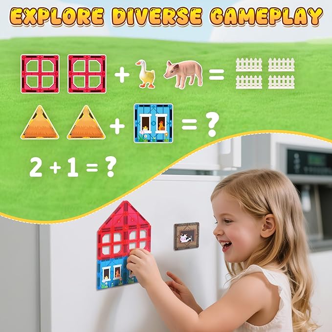 Magnetic Tiles with Farm Animals, 50PCS Magnetic Blocks Building Toys for Age 3-5 4-8 8-12, Construction STEM Magnet Toys Gift for Kids, Boys and Girls