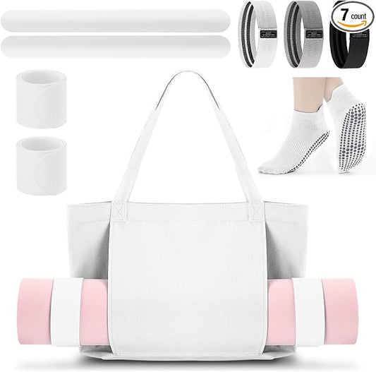Halloscume Yoga Bag Set for Women Including Yoga Mat Tote Bag, Booty Resistance Bands, Non Slip Sports Socks Silicone Ties for Pilates Travel Workout Office Home Gym