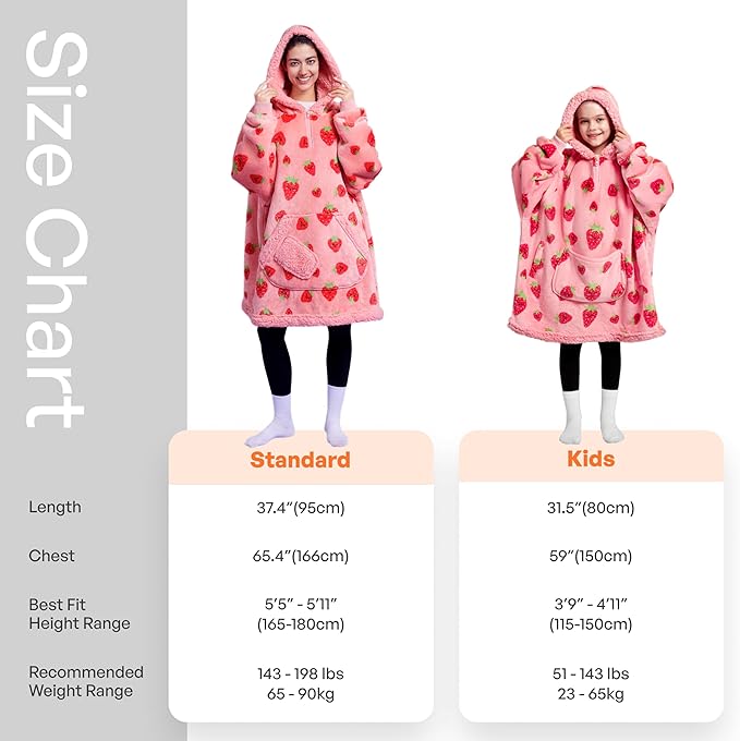 Giggling Getup Wearable Blanket Hoodie for Girls and Boys Warm Cozy Sherpa Fleece Hooded Blanket Sweatshirt Oversized Hoodie with Giant Pocket & Sleeves for Kids Strawberry