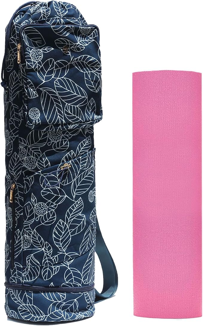 ESVAN Yoga Mat Bag with Multi Pockets Drawstring Yoga Mat Carrier Pilates Exercise Multi-Functional Storage Bag