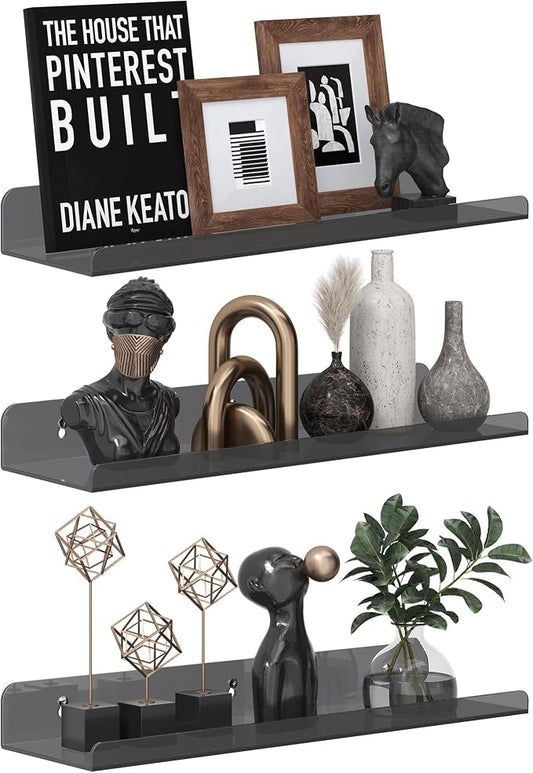 Qukaka Floating Shelves for Wall Decor, 15" Wall Shelves for Bedroom, Living Room, Kitchen, Bathroom Decor, Nail Polish/Book/Decoration/Makeup/Perfume Organizer Floating Shelf-3Pack Clear Black