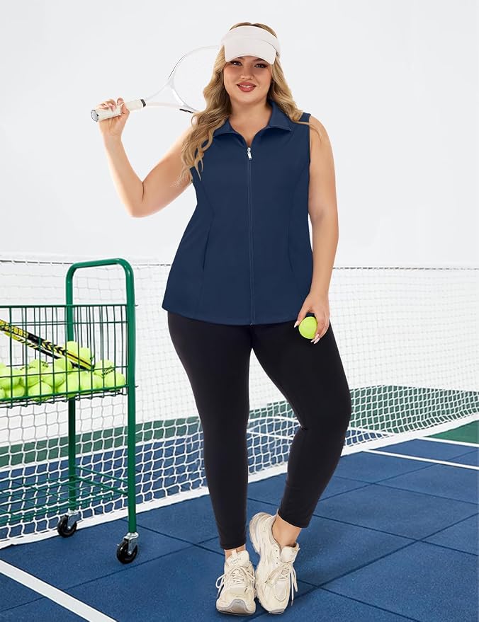 Misyula Style Plus Size Womens Golf Shirt Full-Zip with Pockets Tank Tops | Sleeveless, Quick Dry, Moisture-wicking, Lightweight Vests, Athletic, Tennis, Running, Workout, Casual, Travel, Work