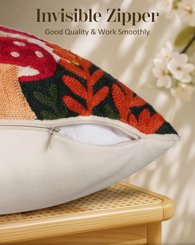 Embroidered Throw Pillow Cover 20x20 Inch, Mushroom Moon | Decorative Pillow Cover, Boho Cottagecore Cushion Case with Hidden Zipper, Home Decor for Couch, Sofa, Living Room, Bedroom