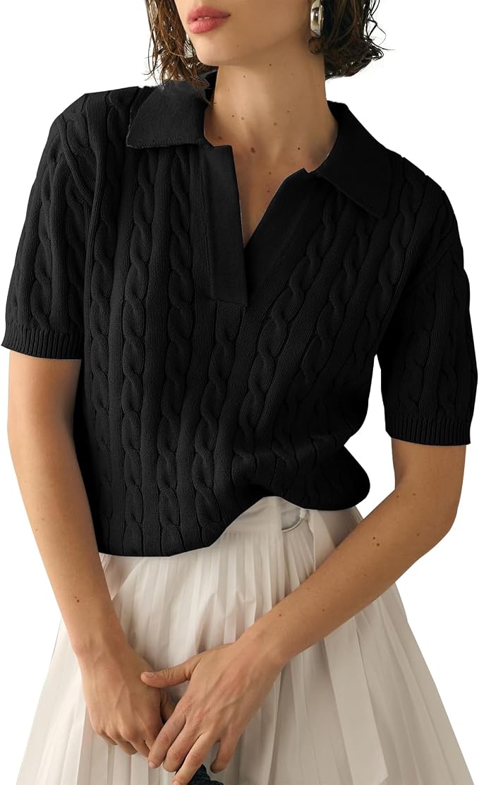 Imily Bela Womens Cable Short Sleeve Sweaters Tops Lapel V Neck Knit Shirt | Solid,Knit Casual,Soft Pullover,Fall Sweaters,Womens Summer Work Tops