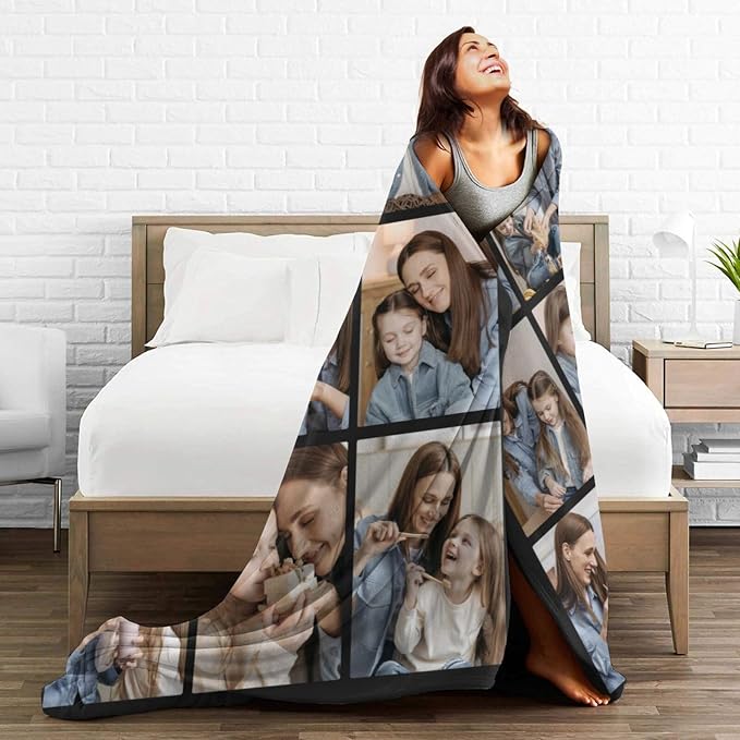 Custom Blanket with Picture Text, Personalized 9 Photo Blanket, HD Printing Customized Flannel Throw Blanket Gifts for Mom Dad Couple Girlfriend Boyfriend Wife Husband Christmas