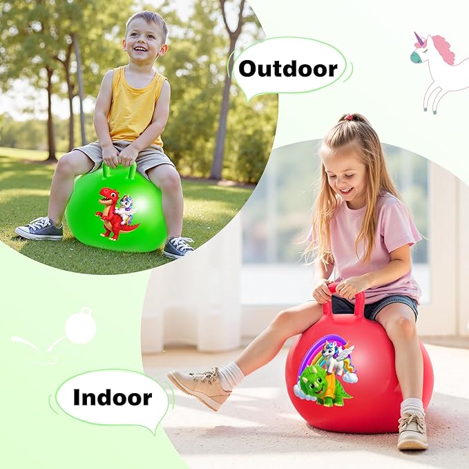 ZOOJOY Hopper Balls 2 Pack – 18 Inch Bouncy Ball with Handle, Hoppity Hop Balls for Kids Ages 3-8, Unicorn & Dinosaur Hopping Toy Gifts for Boys & Girls, with Pump for Indoor Outdoor Play
