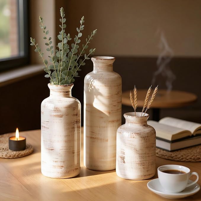 Nicunom Ceramic Vase Set of 3, Rustic Ceramic Flower Vase for Home Decor, Boho Decorative vase for Room, Centerpiece,Table, Shelf, Mantel and Entryway Decor
