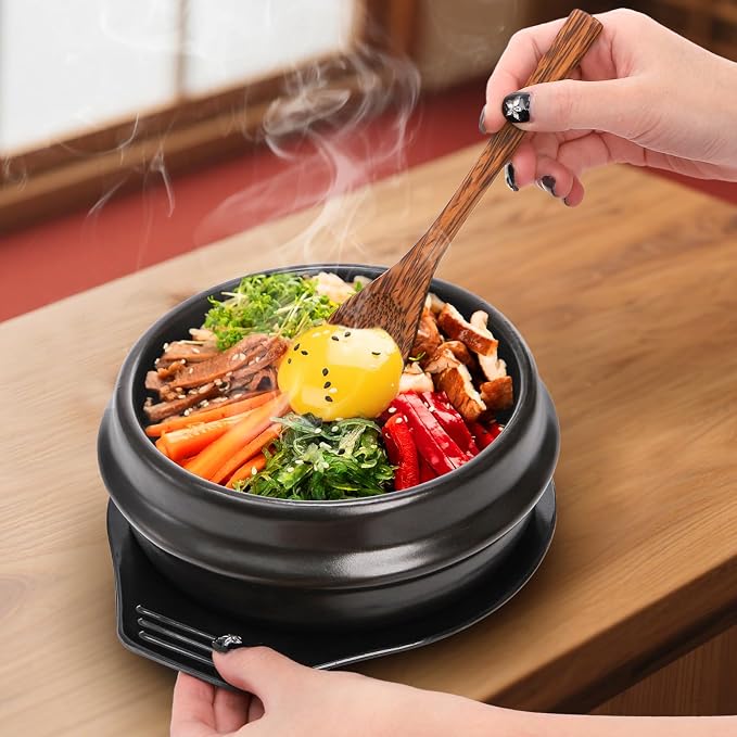37 Oz Korean Stone Bowl with Tray | Ceramic Pot Set Dolsot Bibimbap Sizzling Hot Pot, Korean Cooking Soup Cookware for Restaurants, Rice, Soup, Noodle