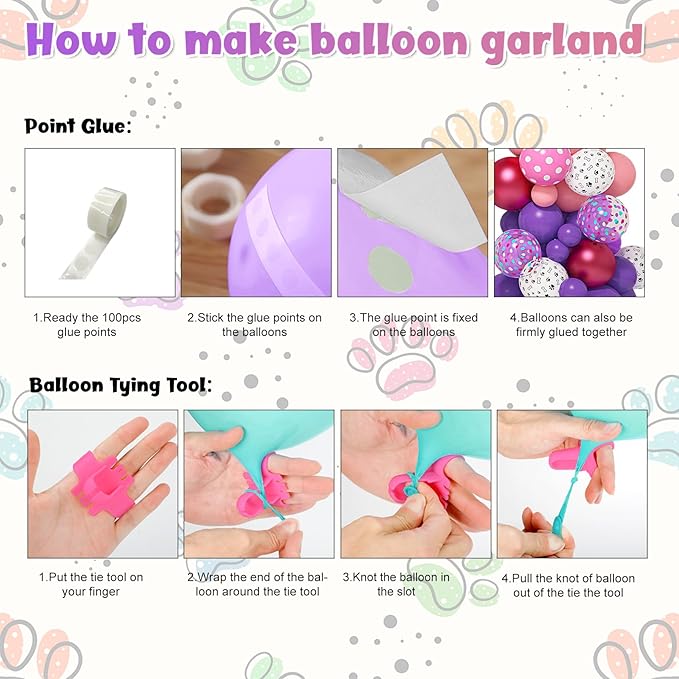 147Pcs Paw Balloons Garland Arch Kit with Dog Paw Print Balloons Pink Purple Turquoise Confetti Balloon for Girls Puppy Themed Birthday Baby Shower Party Decorations