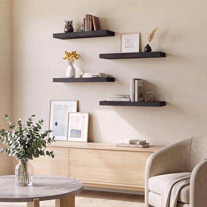 Fixwal Black Floating Shelves for Wall, Rustic Wood Shelves for Bathroom, Living Room, Bedroom and Kitchen, Wall Shelves for Storage, Books, Room Decor (Set of 4, 15.7 Inch)