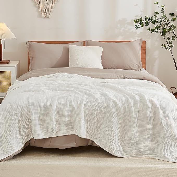 EMME Muslin Blankets for Adults Throw Blanket for Couch Breathable Gauze Soft Lightweight Airy White Throw 50" x 60"