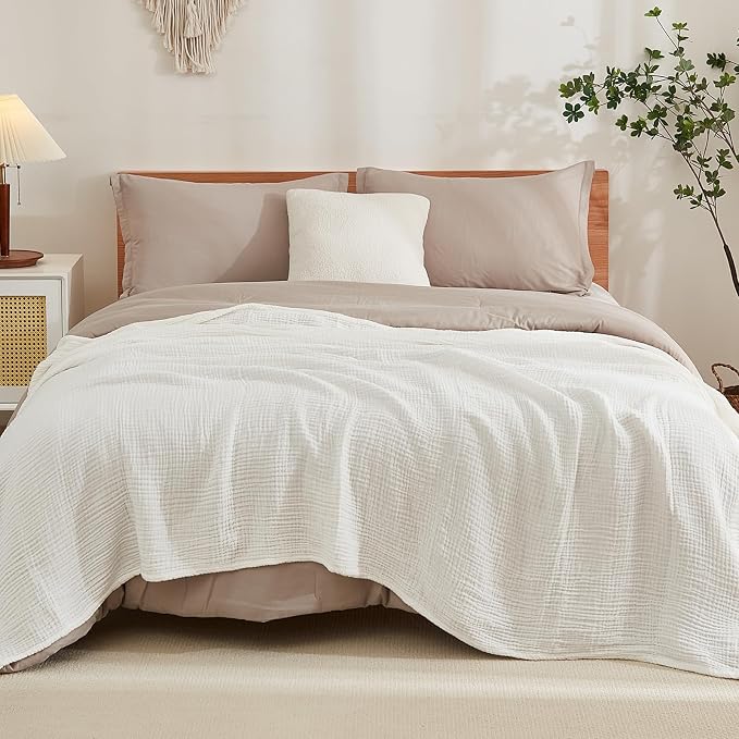 EMME Muslin Blankets for Adults Throw Blanket for Couch Breathable Gauze Soft Lightweight Airy White Twin XL 66" x 90"