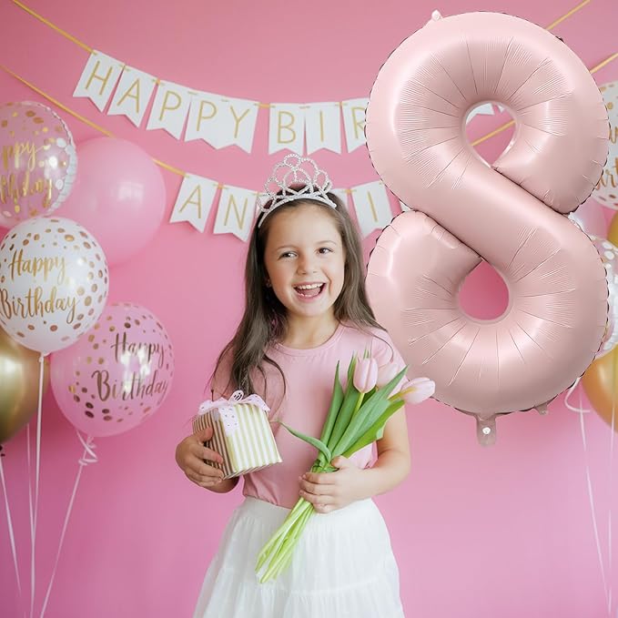 Foil 8 Balloon, Dusty Light Pink Big Number 8 Balloons for Girls Birthday Party Decor, 40'' Mylar Self Inflating Number 8 Pastel Blush Baby Pink Balloon for 8th Birthday Party Anniversary Decorations