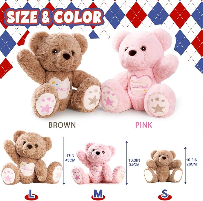 Customized Plush Teddy with Embroidered Name, Handmade Baby Shower & Birthday Gifts for Toddlers Newborns, Personalized Stuffed Animal for Girls & Boys (Teddy)