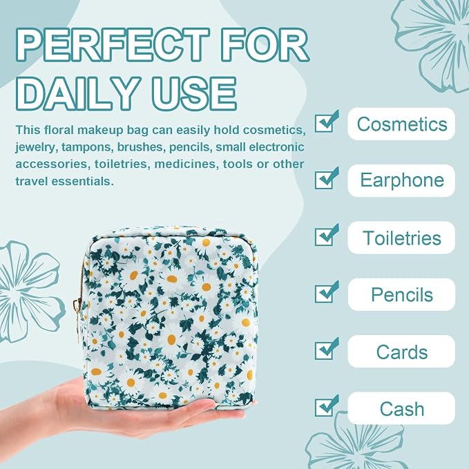 UIXIZQ Waterproof Mini Floral Makeup Bag Pouch for Purse,Nylon Flower Cosmetic Travel Bag Small Preppy Toiletry Organizers Bag for Women Girl,Cute Zipper Pouch Coin Purse for Work(Mini Green-Daisy)