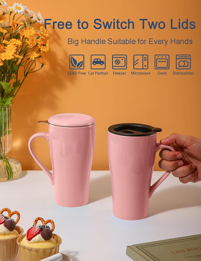 Tea Cup with Infuser and Lid, 18oz Large Tea Infuser Mug, Ceramic Loose Leaf Tea Mug with Strainer & Silicone Lid for Women, Man, Christmas, Gifts (Pink)