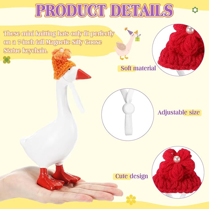 Geyoga 6 Pcs Mini Knitted Hats 7 Inch Goose Outfits Hat with Adjustable Strap Mini Porch Goose Headwear for Statue Key Holder
