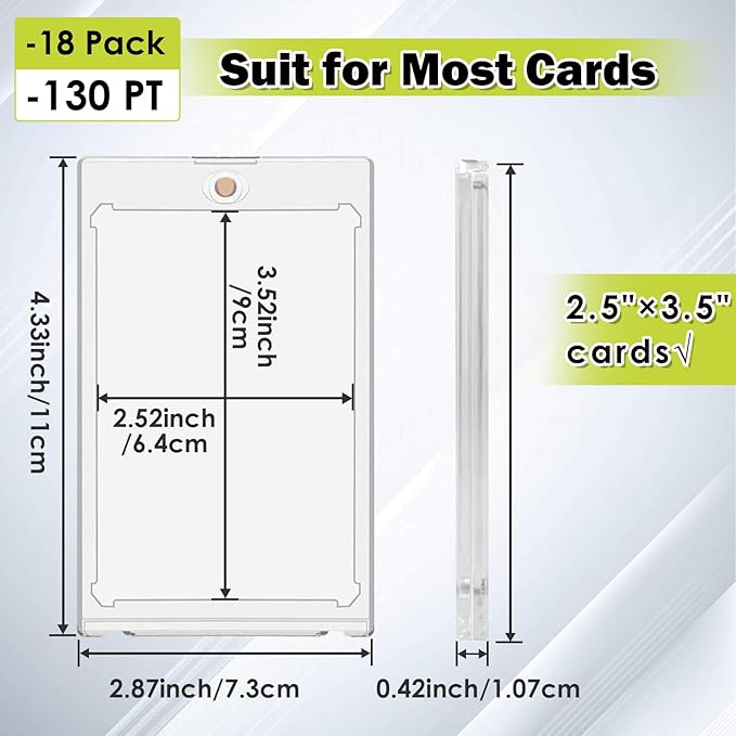 130PT Magnetic Card Holders for Trading Cards, 18ct One Card Touch Holder Baseball Card Thick Protectors Hard Plastic Magnetic Card Case Sports Football Basketball Top Loads for Cards Sleeves