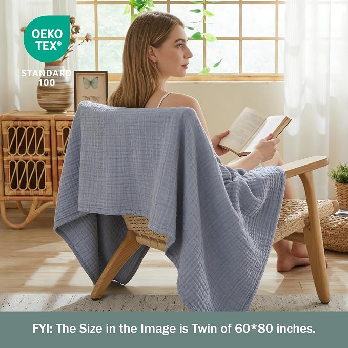 EMME Muslin Blankets for Adults Throw Blanket for Couch Breathable Gauze Soft Lightweight Airy Dusty Blue King 108" x 90"