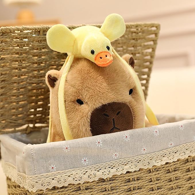 Ditucu Capybara Plush with Yellow Duck Backpack 7.8 inch Cute Capibara Stuffed Animal Soft Plushies Toys Gifts for Kids Brown