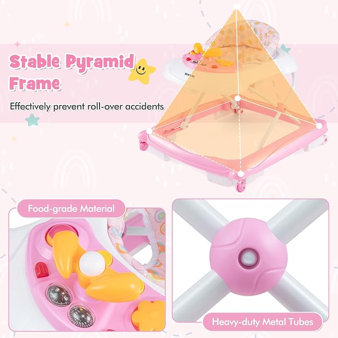 HONEY JOY Baby Walker, 5 in 1 Infant Activity Walker with Wheels, Music, Removable Cushion, Toddler Foldable Push Walker for Boys Girls, Anti-Rollover Walkers for Babies 7-14 Months (Pink)