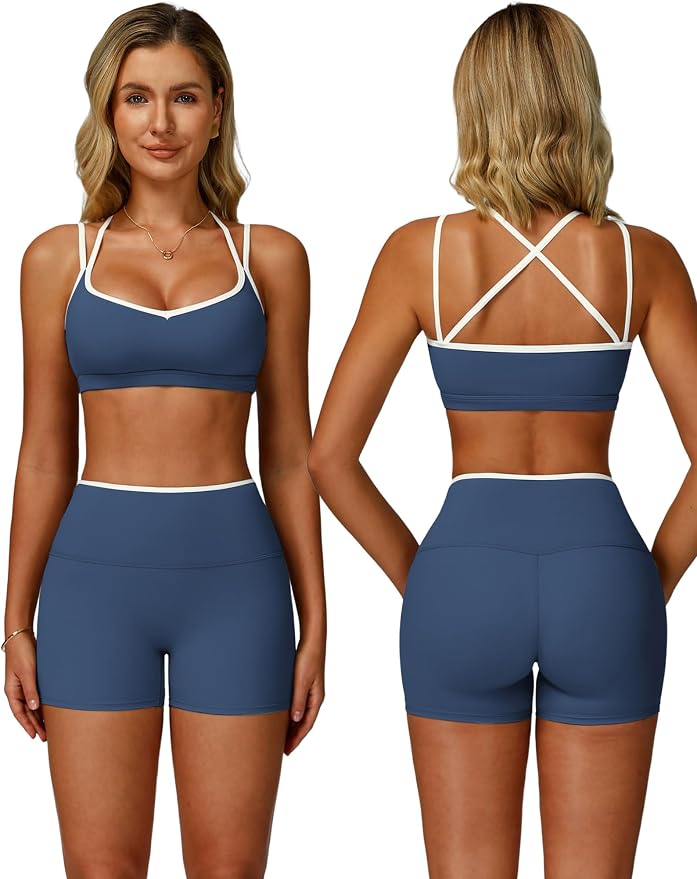 ABOCIW Workout Sets for Women 2 Piece Color Block Strappy Sports Bra High Waist Shorts Gym Yoga Pilates Outfits