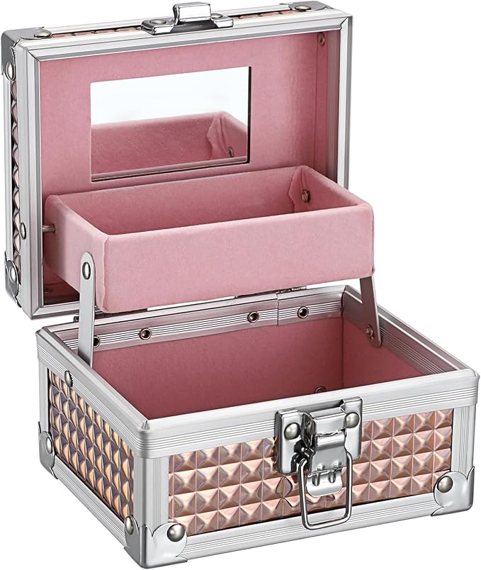 Hipiwe 2-Layer Jewelry Box with Mirror & Tray Aluminum Trinket Organizer | Hair Accessories Holder, Jewelry Storage Box for Necklace Earrings Rings Gift for Women, Rose Gold 4.7"x 3.7"x 3.1"