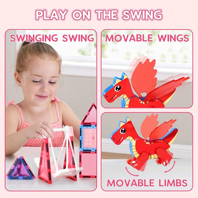 VANLINNY Magnetic Tiles for Kids 3-5 4-8, Movable Dragon Toys for Boys and Girls, 36-Piece Castle Magnet Toy, Creative Magnetic Construction Building Set for Classroom Preschool, Xmas Birthday Gift