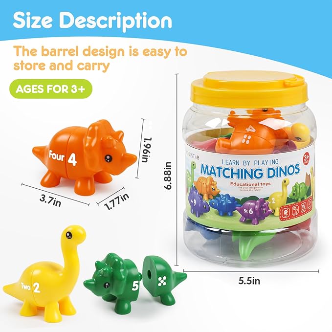 USATDD Numbers Matching Dinosaur Toy 1-10 Counting Sorting Game Double-Sided Dino Fine Motor Toys Number Recognition Learning Toy, Stocking Stuffers for for Kids Boys Girls