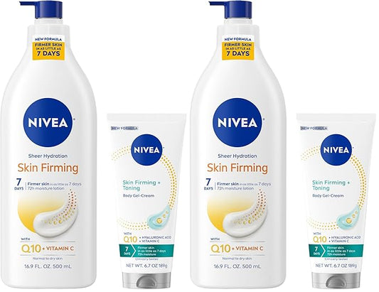 NIVEA Sheer Hydration Skin Firming Body Lotion (16.9 Fl Oz) + Skin Firming & Toning Body Gel Cream with Hyaluronic Acid (6.7 Oz),Enriched with Q10 and Vitamin C,(Pack of 4)