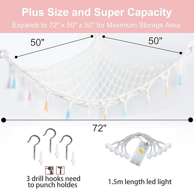 Stuffed Animal Net or Hammock with Light,Yewiwin Macrame Hanging Net Hammock for Stuffed Animal Toy Storage Organizer Boho Decor Room Holder for Nursery Play Room Bedroom (Beige(55"*55"*72"))