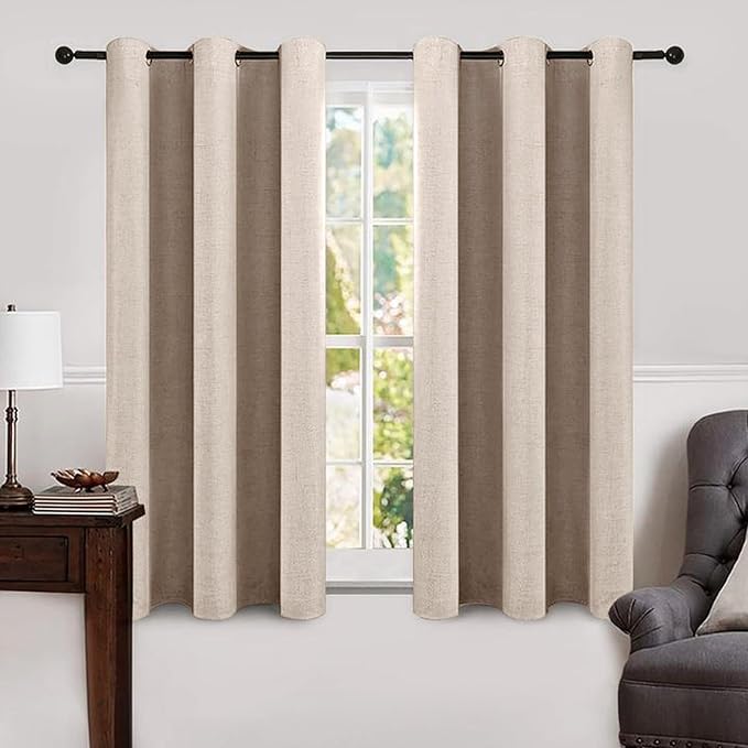 MIULEE Linen Texture Curtains Soild 100% Blackout Thermal Insulated Natural Beige Curtains Grommet Room Darkening Drapes for Living Room Bedroom 42 x 45 (2 Panels)