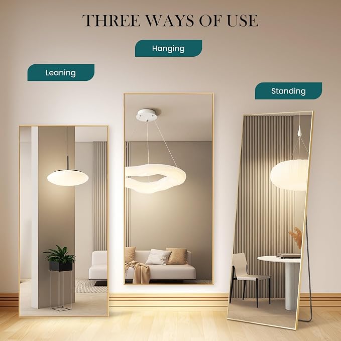 DUMOS 70.4"x25.6" Full Length Mirror with Stand, Floor Body Mirrors Shatter-proorf Nano Glass with Aluminum Frame, Free Standing or Hanging Leaning, Modern Simple for Home Decor, Gold