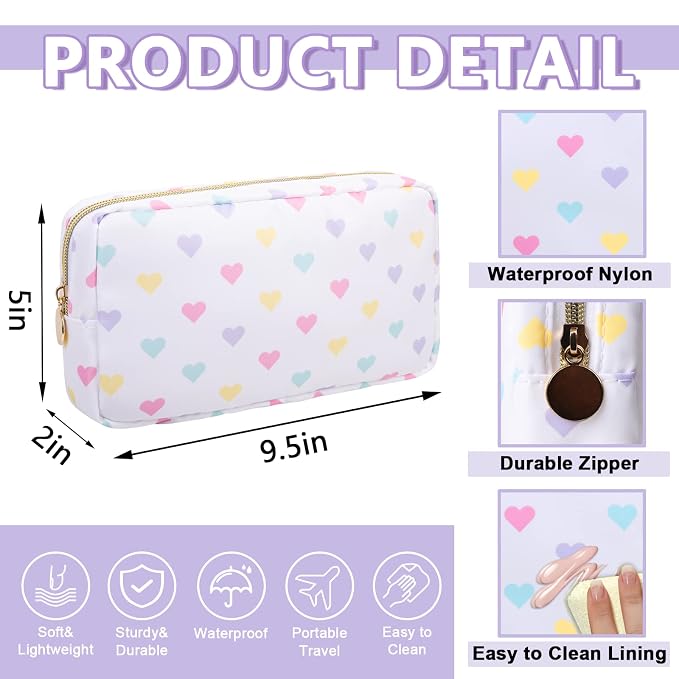 Small Makeup Bag Pouch for Purse，Nylon Travel Toiletry Storage Bag Cute Makeup Organizer Bag for Women Girls，Preppy Waterproof Cosmetic Bag Pouch Skincare Bag Purse with Zipper (Small-White Heart)