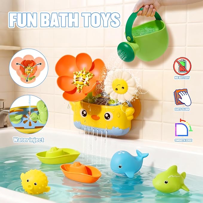 Baby Bath Toys for Kids Ages 1-3 Mold Free Bath Toys for Toddler 2-4 Bathtub Water Toys for Babies 18+ Months, Watering Can Bath Boats Spoon & No Hole Bath Toy with Mesh Bags for Boys Girls Gifts