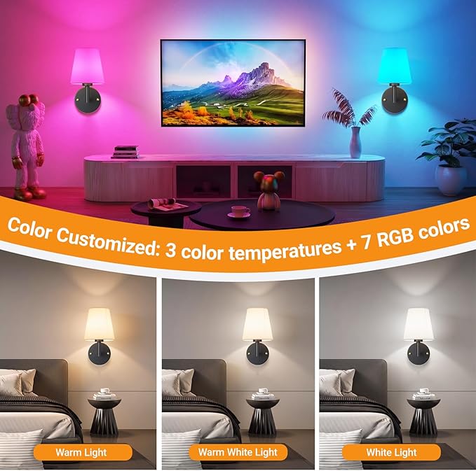 Nekhung Battery Operated Wall Sconce, Peel and Stick Sconces Set of 2 | Wireless Adhesive Stick On Wall Sconce, 10000mAh Rechargeable RGB Bulb with Remote, No Drill Wall Light for Bedroom Decor
