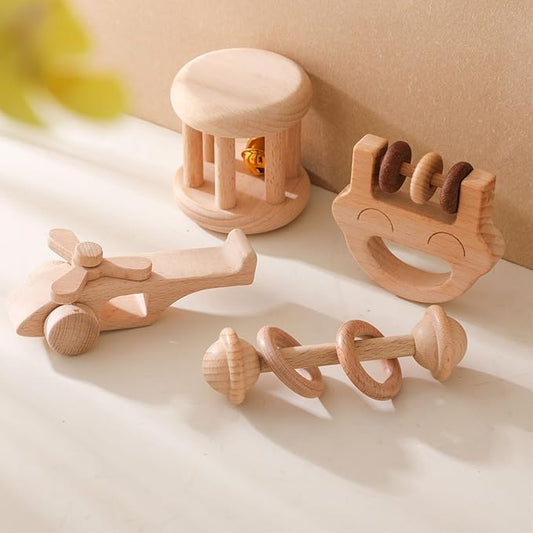 Wooden Baby Rattle Set, Newborn Wooden Rattle Toy, Natural Wooden Montessori Baby Grip Toy, Baby Gift Toy, Wood Rattle Set-1