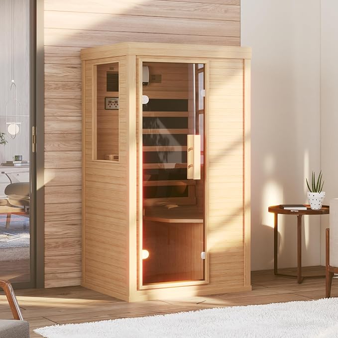 Wood Infrared Sauna, 1 Person Traditional Home Sauna, Canadian Hemlock Indoor Dry Sauna Spa Room for Low EMF with Bluetooth Speakers and Control Panel, 32.67"x 27.55"x 59.44"