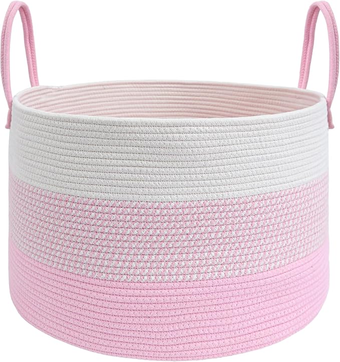 JMvicyroam 115L Extra Large Blanket Basket for Living Room - Woven Cotton Rope Laundry Hamper with Reinforced Handles - Storage Bin for Pillows, Comforters & Toys - Machine Washable,White&Pink Mix
