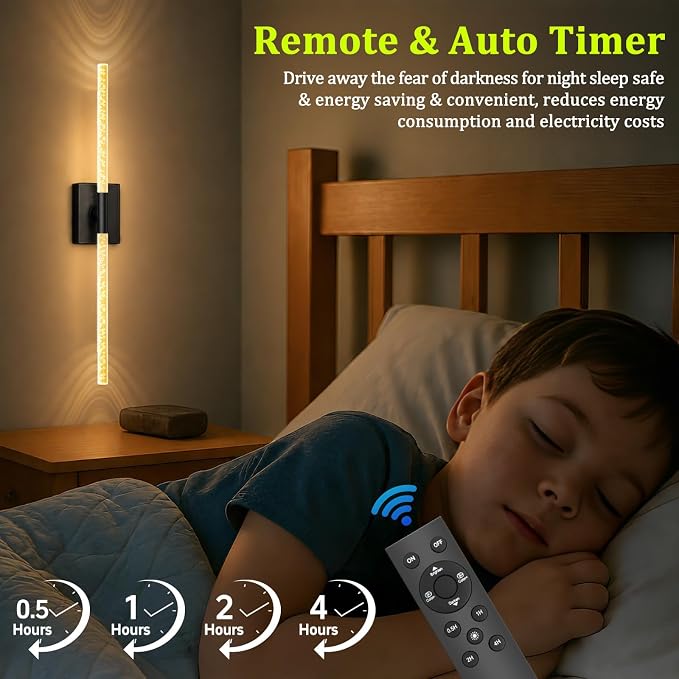 Battery Operated Wall Sconces Set of 2, 10000mAh, Black Bubble | wireless crystal wall lights rechargeable with Remote & 360° Rotate, 31.5" Wall Lamp for Bedroom Living Room Mirror
