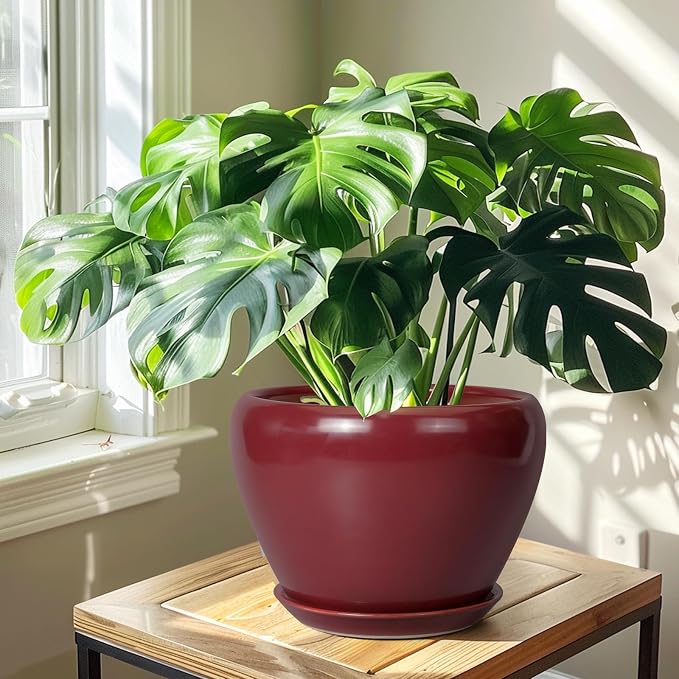 Ceramicfor 10 Inch Plant Pot - Ceramic Planter Pot with Drainage Hole and Saucer Large Planter for Indoor Plants Round Outdoor Flower Pot Mid-Century Decor Red