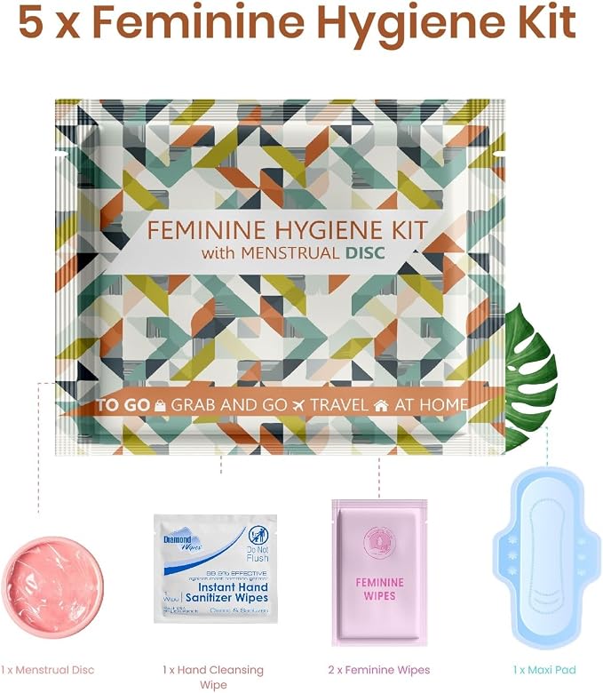 Menstrual Disc Kit with Pad - 5 Pack | Convenience on The Go | Period Kit Pack for Travelling Out of The House | Covers All Flows | Individually Wrapped Feminine Hygiene Care Products
