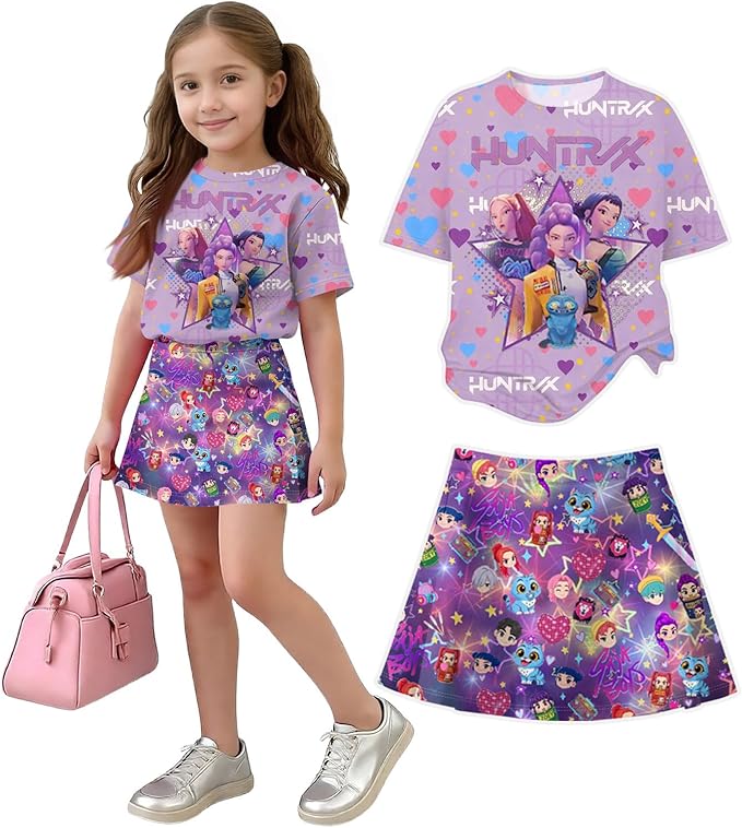 HTHLVMD K Pop Short Sleeve T-Shirt and Skirts Outfits Set for Girls Hunters Rumi Mira Zoey Graphic Tees De-Mon Costume