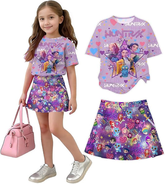 HTHLVMD K Pop Short Sleeve T-Shirt and Skirts Outfits Set for Girls Hunters Rumi Mira Zoey Graphic Tees De-Mon Costume