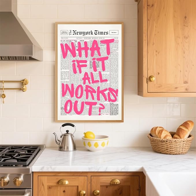 What If It All Works Out Poster Retro Newspaper Pink Wall Art Positive Affirmation Quote Minimalist Canvas Painting Prints Wall Decor Aesthetic for Home Bedroom Office 12x18inch Wooden Framed