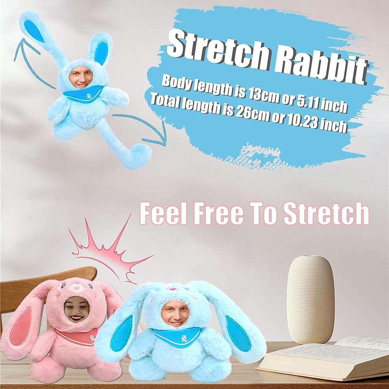 Personalized Easter Bunny Stuffed Animal Key Chain – Customizable Blue Rabbit Plush Toy, a stretchable rabbit (5-10 inches), Gift with Your Child's Face Photo!