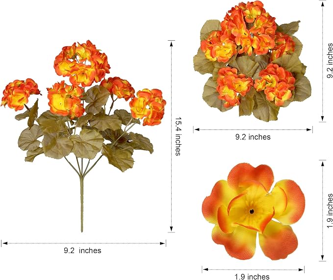Fake Geraniums Artificial Flowers for Outdoors Autumn Decoration, 6 Bundles Silk Geraniums Look Real Faux Fall Flowers Plants for Front Door Garden Planter Patio Balcony Yard Home Indoor, OrangeYellow