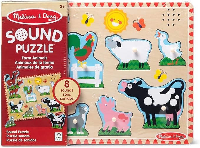 Melissa & Doug Farm Animals Sound Puzzle – 8-Piece Wooden Peg Puzzle with Light-Activated Sounds, Music Learning Toy for Toddlers and Preschoolers Ages 2+