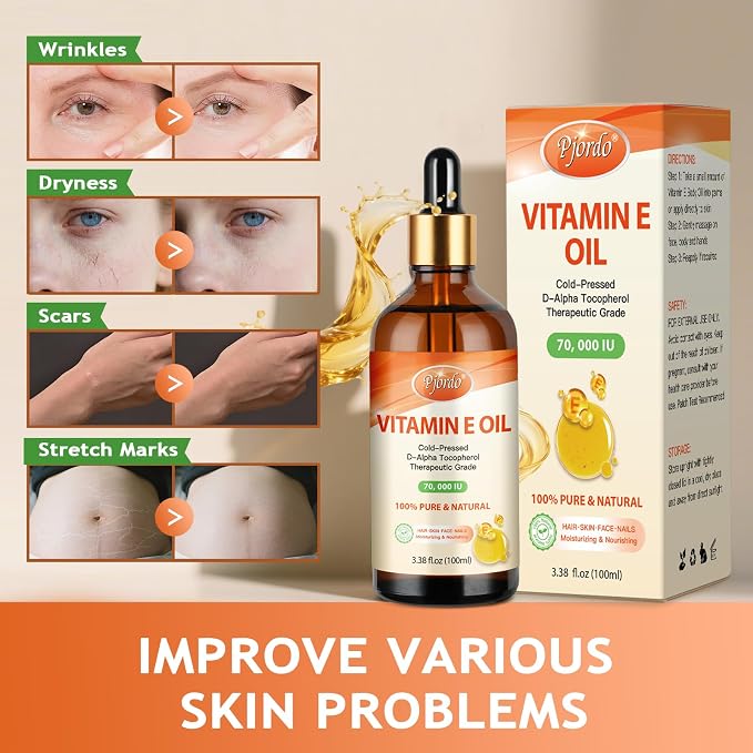 Pjordo Vitamin E Oil - 100% Pure & Natural, 70,000 IU Cold-Pressed Organic Vitamin E Oil for Skin, Face, Hair, Nails & Scars, D-Alpha Tocopherol Rich, Deep Moisturizing and Firming Skin